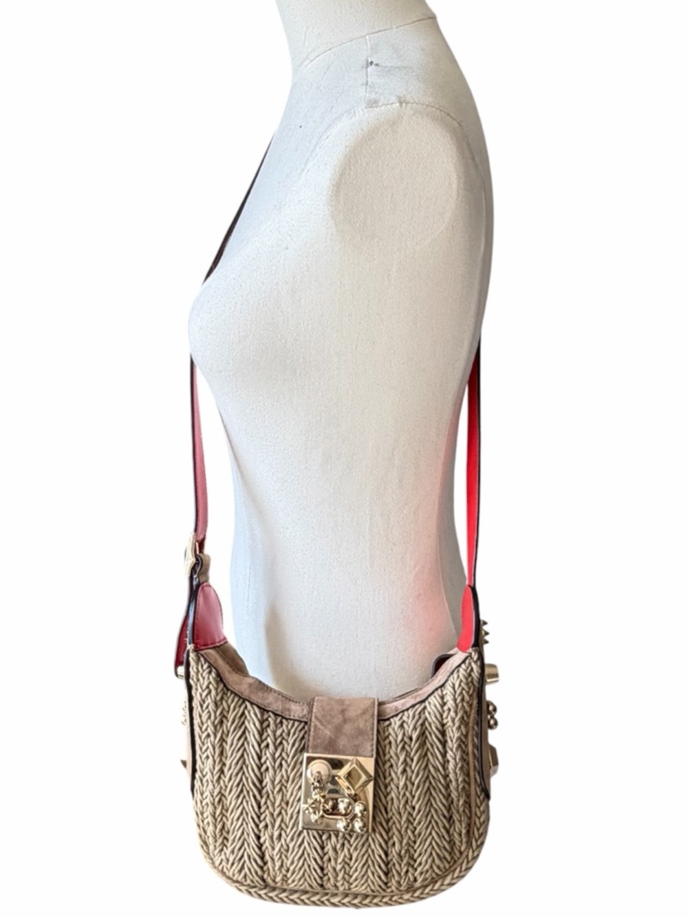 Christian Louboutin Carasky Mini Raffia Bag Gold Stud Crossbody Shoulder - Picture 2 of 14